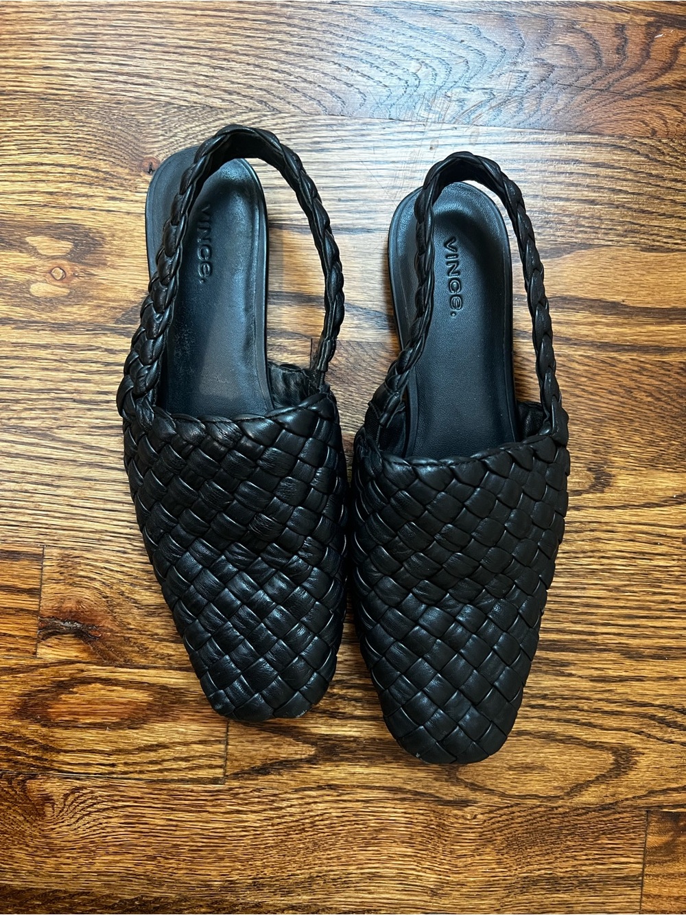 Vince Cadot Black Woven Leather Slingback Flats Square Toe Size 6M / 36